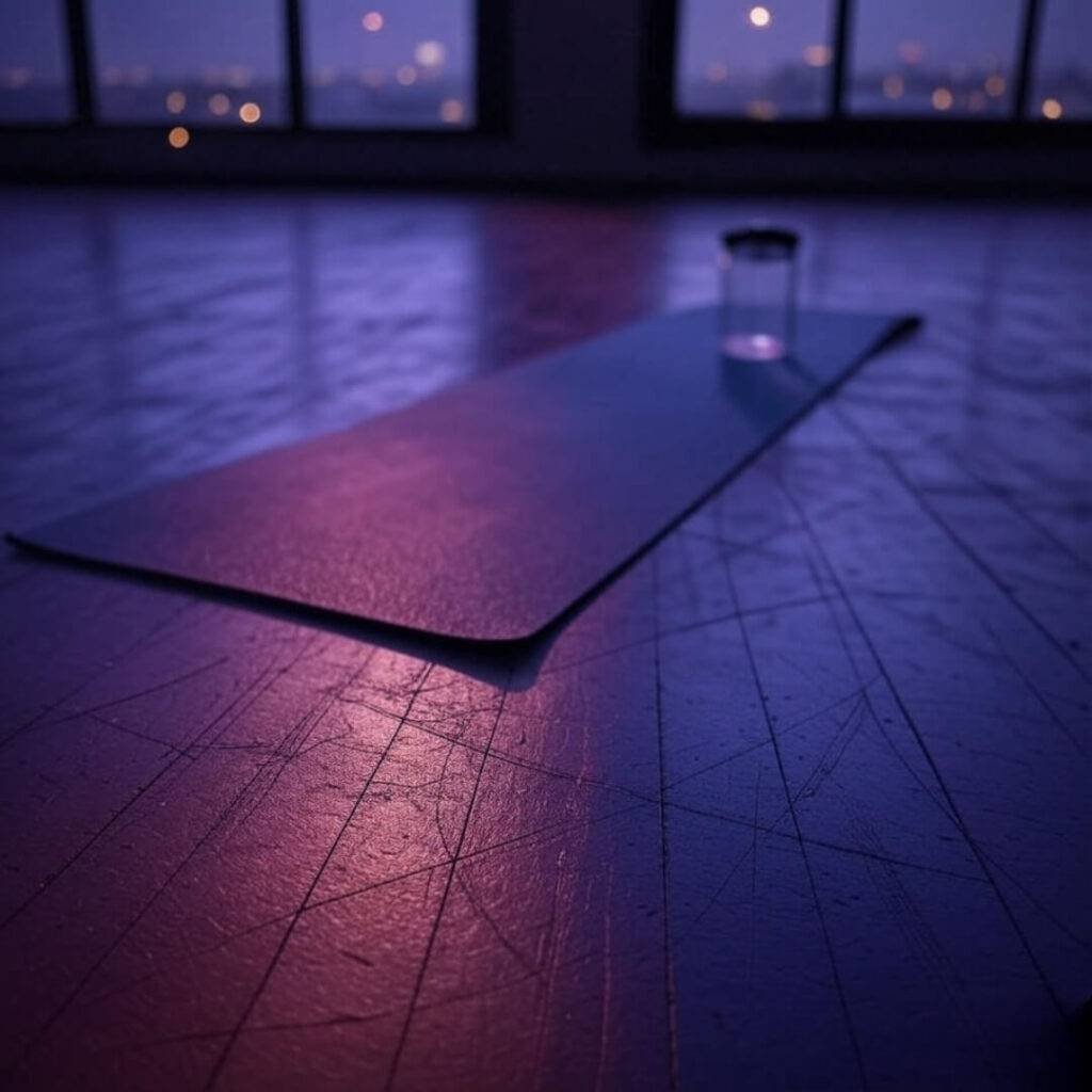 A low-angle photorealistic shot of a sweaty yoga mat on a scratched LA studio floor, with a knocked-over water bottle and faint fireflies, featuring a bittersweet yet triumphant vibe in muted purples and electric blues.
