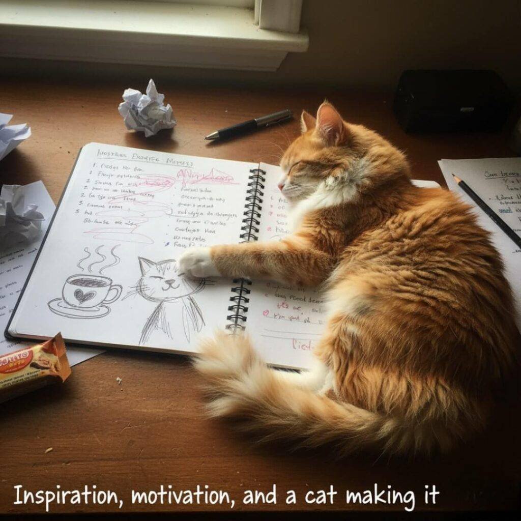 A notebook with cat and coffee cup doodles, with an orange cat napping on top, its tail smudging the ink.