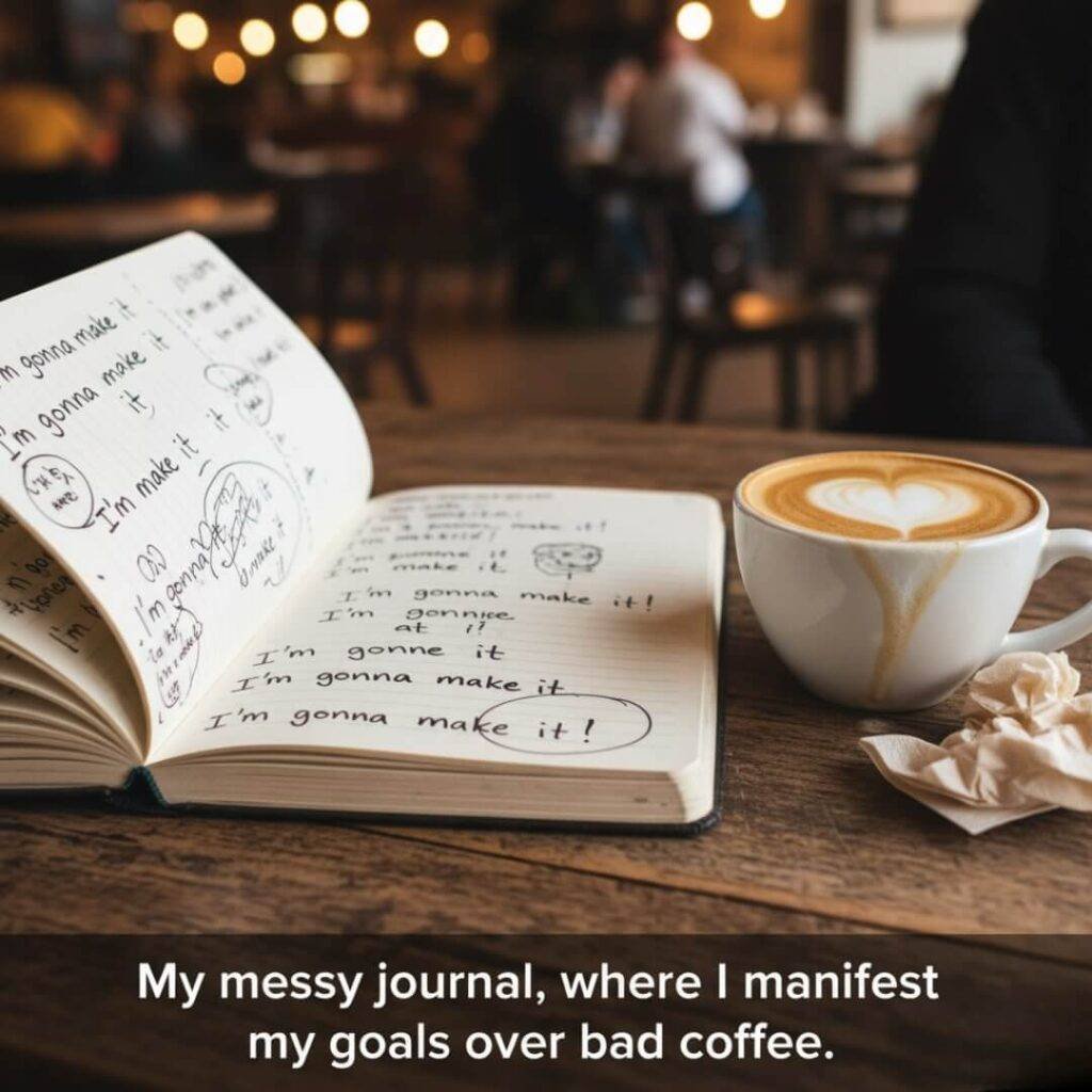 An open journal with messy handwriting, next to a latte with poor foam art and a crumpled napkin on a café table.