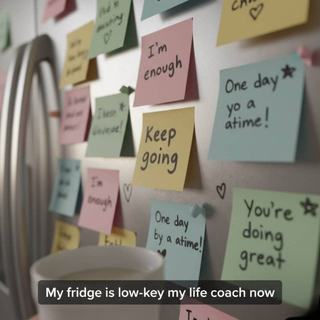 A close-up, slightly off-kilter shot of a fridge covered in pastel and mustard-yellow sticky notes with affirmations.