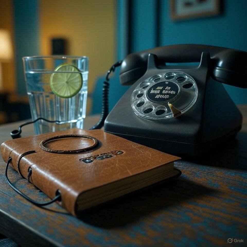 A vintage-inspired image of a phone playing a lo-fi playlist, a water glass with a quirky lime slice floating in it, and a journal with a large coffee ring on the cover, in faded yellows with electric blue splashes, conveying a wryly humorous tone.