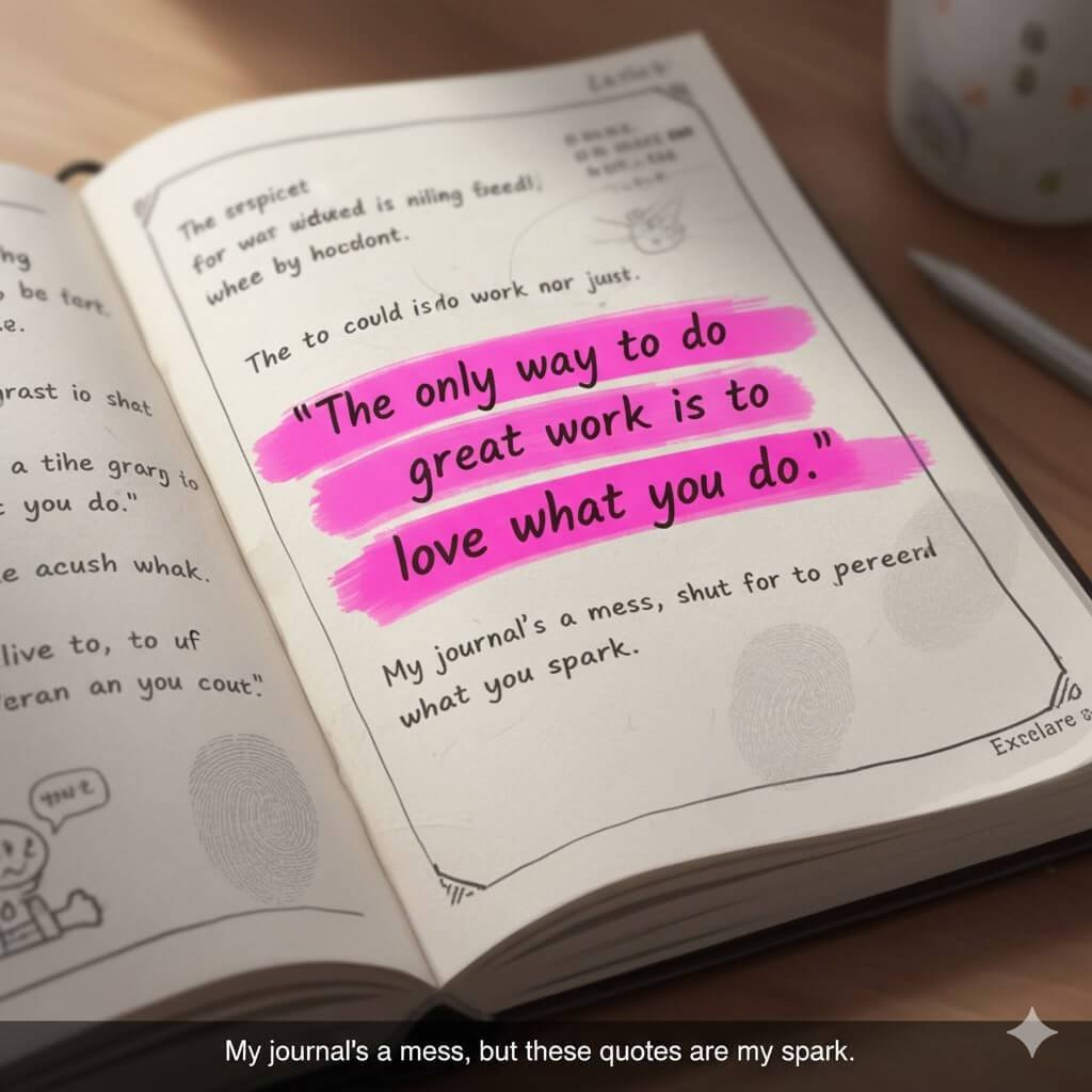 A close-up, top-down digital painting of an open journal with a neon pink highlighted, smudged quote.