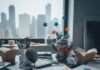 Stop Procrastinating Today: Simple Hacks for Instant Productivity A chaotic desk in a Chicago studio, with a tipped coffee mug, a "STOP PROCRASTINATING" note, a sloth bobblehead, and scattered star-shaped sticky notes, all in a dusty blue-gray and orange palette.