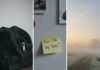Set Fitness Goals: Your Roadmap to Year-Round Motivation A scene split between a scuffed gym bag and a crumpled energy bar wrapper in the foreground, a sticky note with a smudged goal on a fridge, and a misty sunrise over a suburban trail in the background.