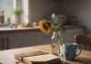 5 Short Inspirational Stories: Finding Hope & Humanity A blurred photorealistic image of a kitchen table with a beat-up notebook, a chipped blue mug, and a wilted sunflower in a jar. Breadcrumbs trail into tiny heart shapes on the table.