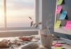 Start Your Day Right: 25 Quotes for Purpose and Passion A cluttered desk at sunrise with a coffee mug, notebook, and sticky notes.