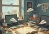 10 Inspirational Books Every Student Should Read to Succeed An impressionistic painting of a cluttered student desk with paper airplanes, a glowing book, and laptops.
